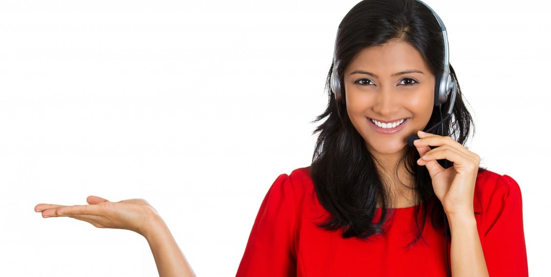 Portrait Pretty woman with hands free devise advertising